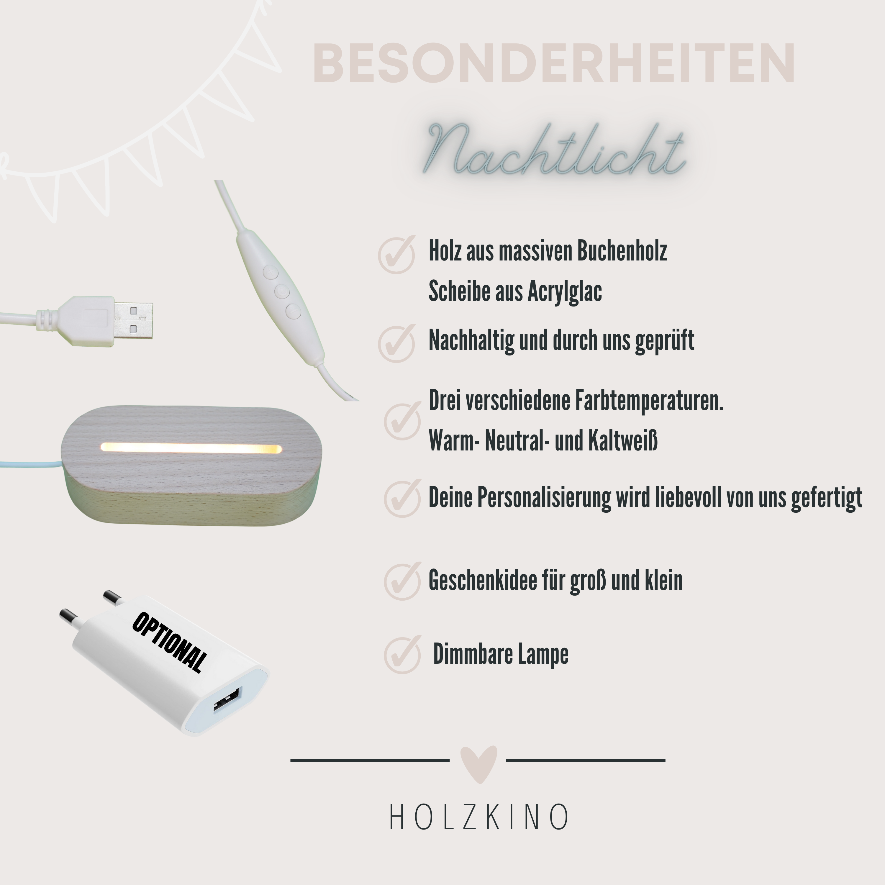 Nachtlicht LED mit Namen personalisiert Aquarell - HOLZKINO