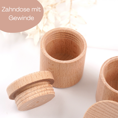 Zahndose für Milchzähne mit farbigen Tiermotiv; personalisierbar - HOLZKINO