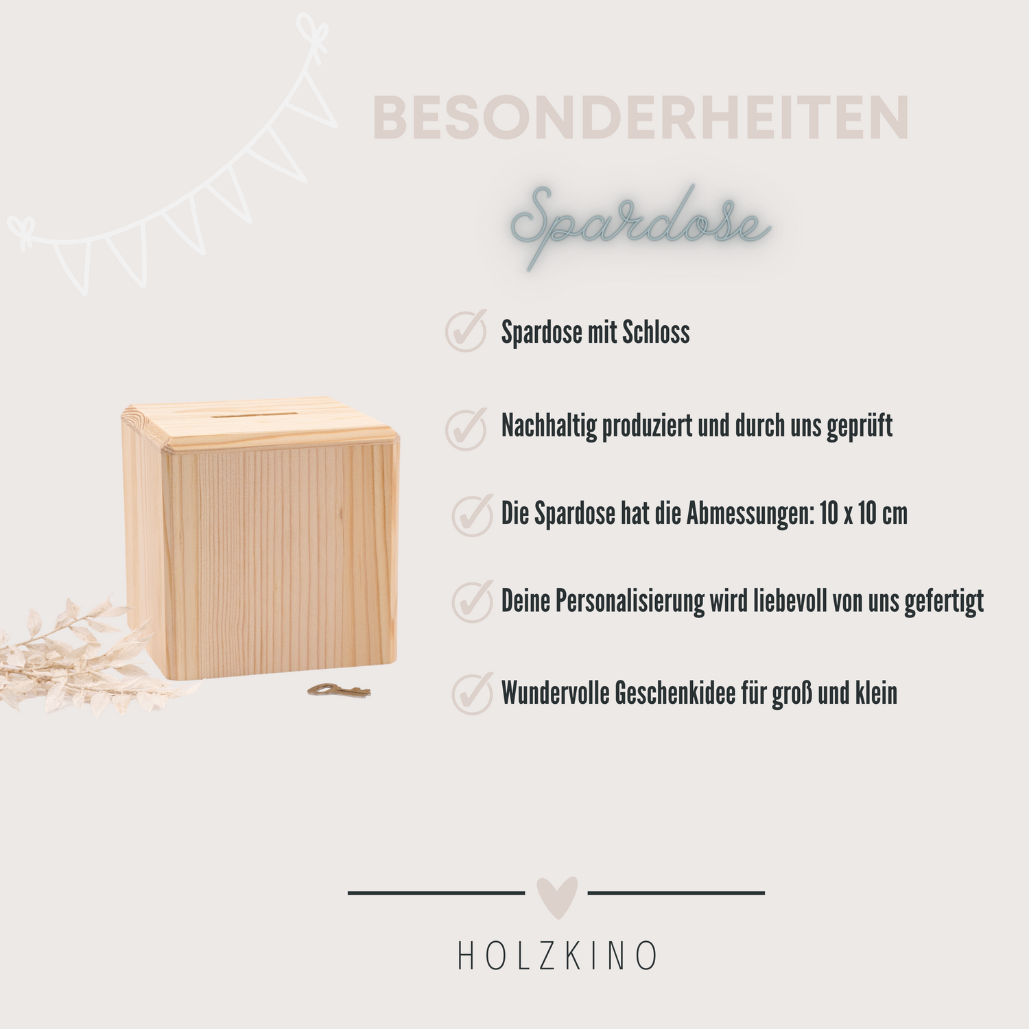 Spardose mit Gravur und personalisierten Namen Blumen - HOLZKINO