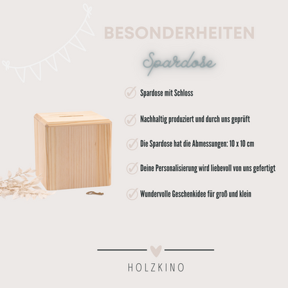 Spardose mit Gravur und personalisierten Namen Blumen - HOLZKINO