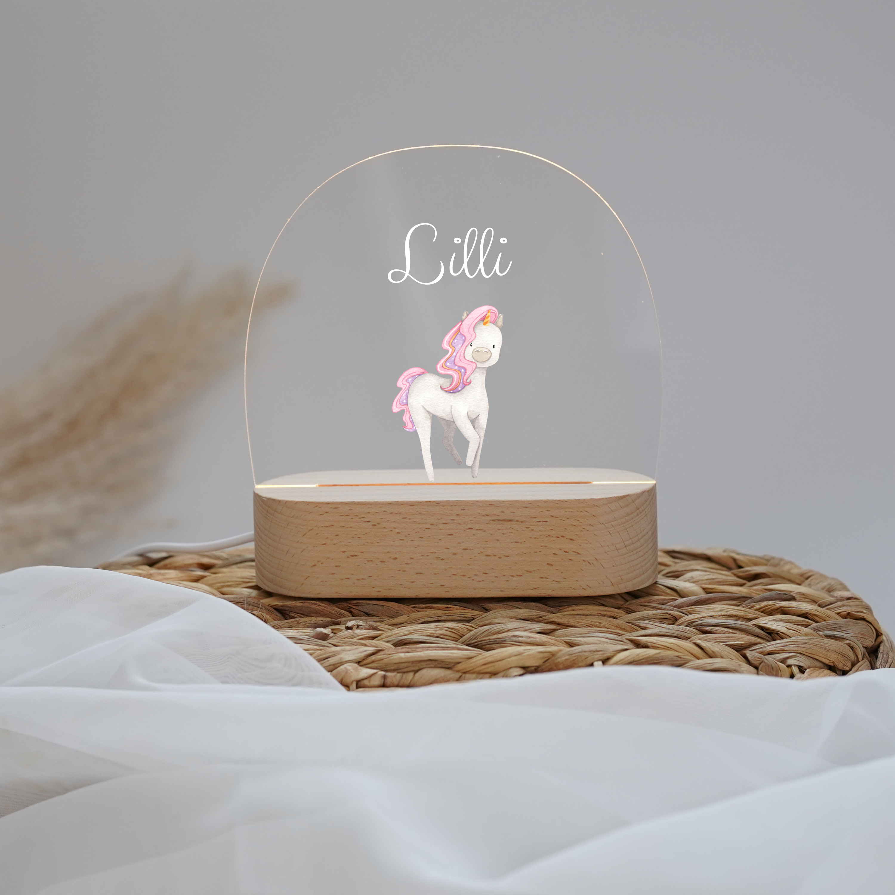 Nachtlicht LED mit Namen personalisiert Aquarell Einhorn - HOLZKINO