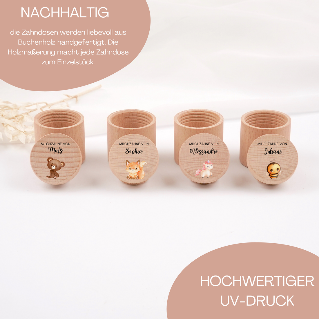 Zahndose für Milchzähne mit farbigen Tiermotiv; personalisierbar - HOLZKINO