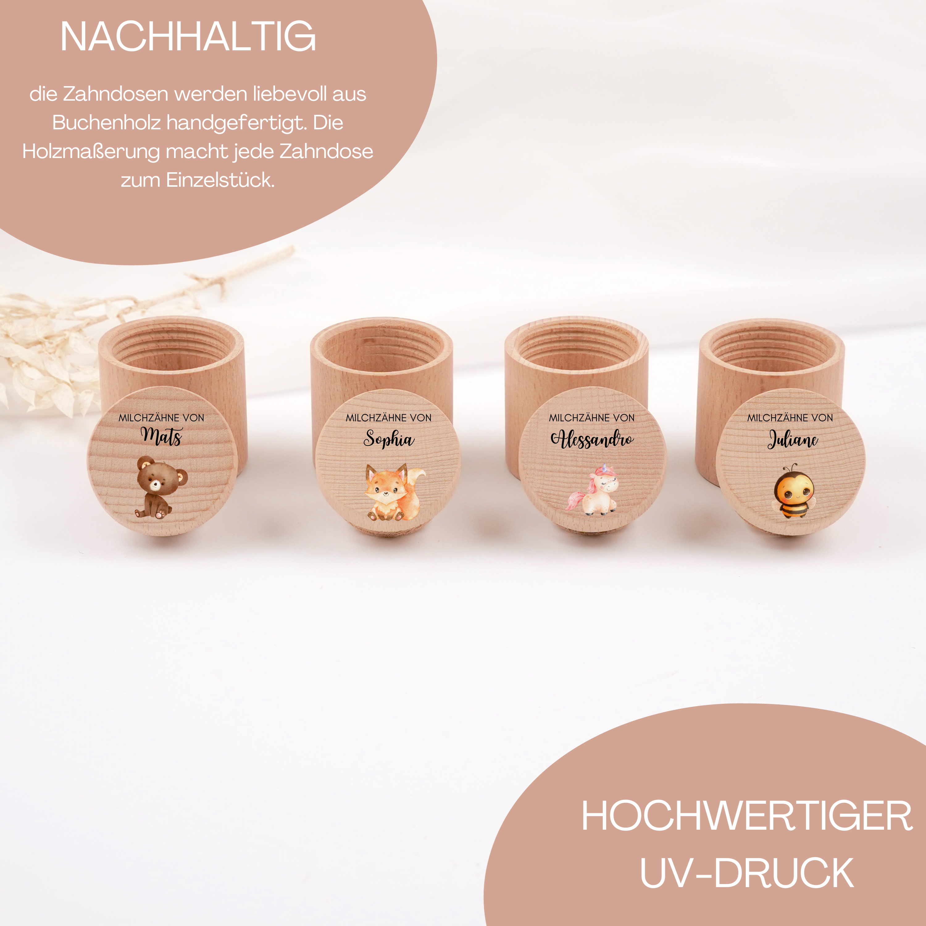 Zahndose für Milchzähne mit farbigen Tiermotiv; personalisierbar - HOLZKINO